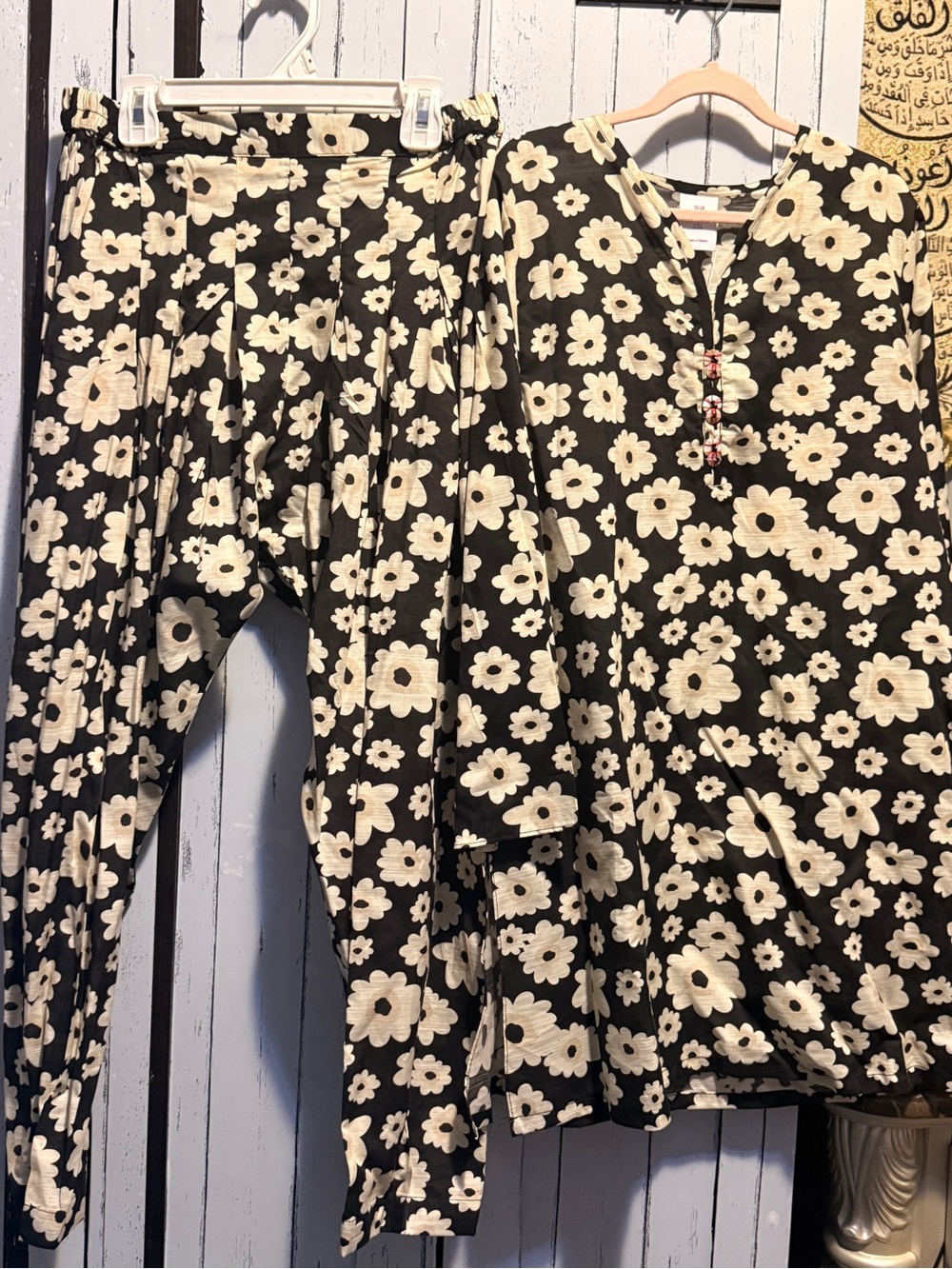 Girls Black Tunic & Pants Matching Set with Cream Floral Print